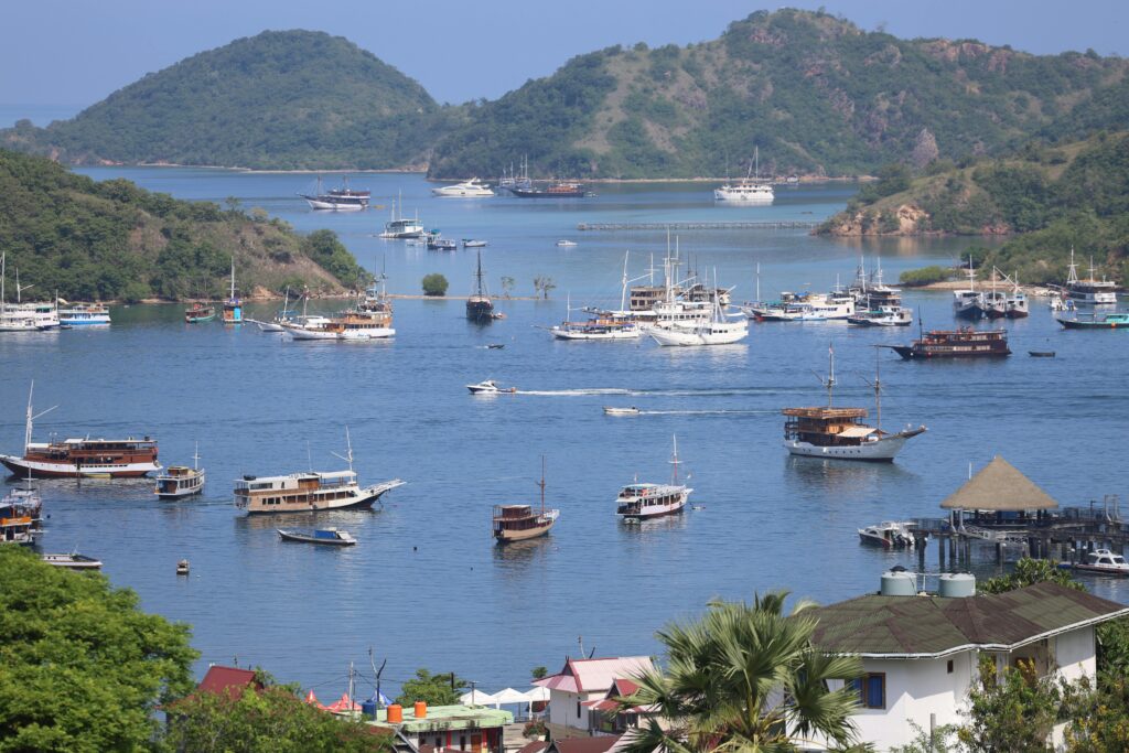 Labuan Bajo Travel Package Wisata Komodo Explore the picturesque harbor of Labuan Bajo, Indonesia, bustling with boats against lush hills.